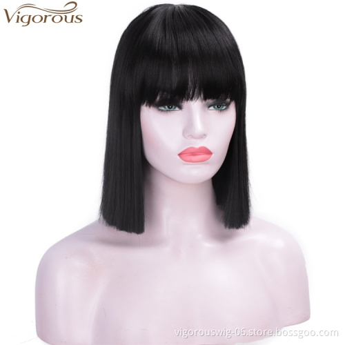 Vigorous 14 inches Cheap Short Straight Black Bob Hair Wig Synthetic Wigs With Neat Bang for Black Women HighTemperature